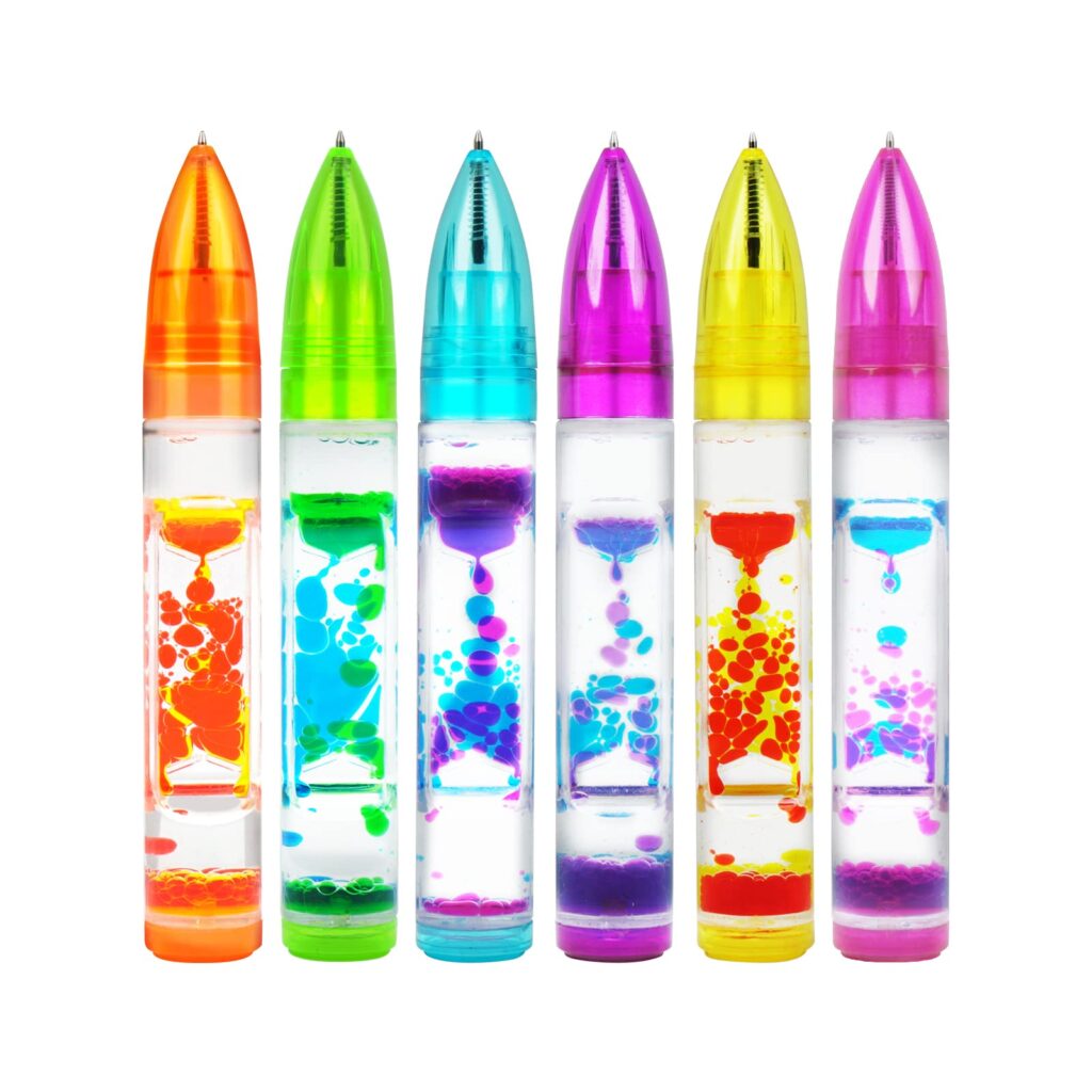 Liquid Motion Bubbler Toy Timer and Pen Combo (Set of 6) Colorful Hourglass Timer with Droplet Movement, Bedroom, Kitchen, Bathroom Sensory Play, Cool Home or Desk Décor